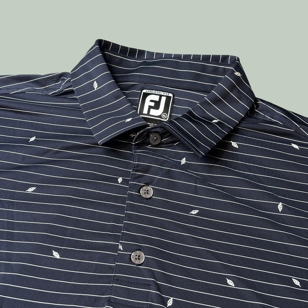 FootJoy Polo Men XL Athletic Fit Navy Blue White Striped Leaf Print Short Sleeve